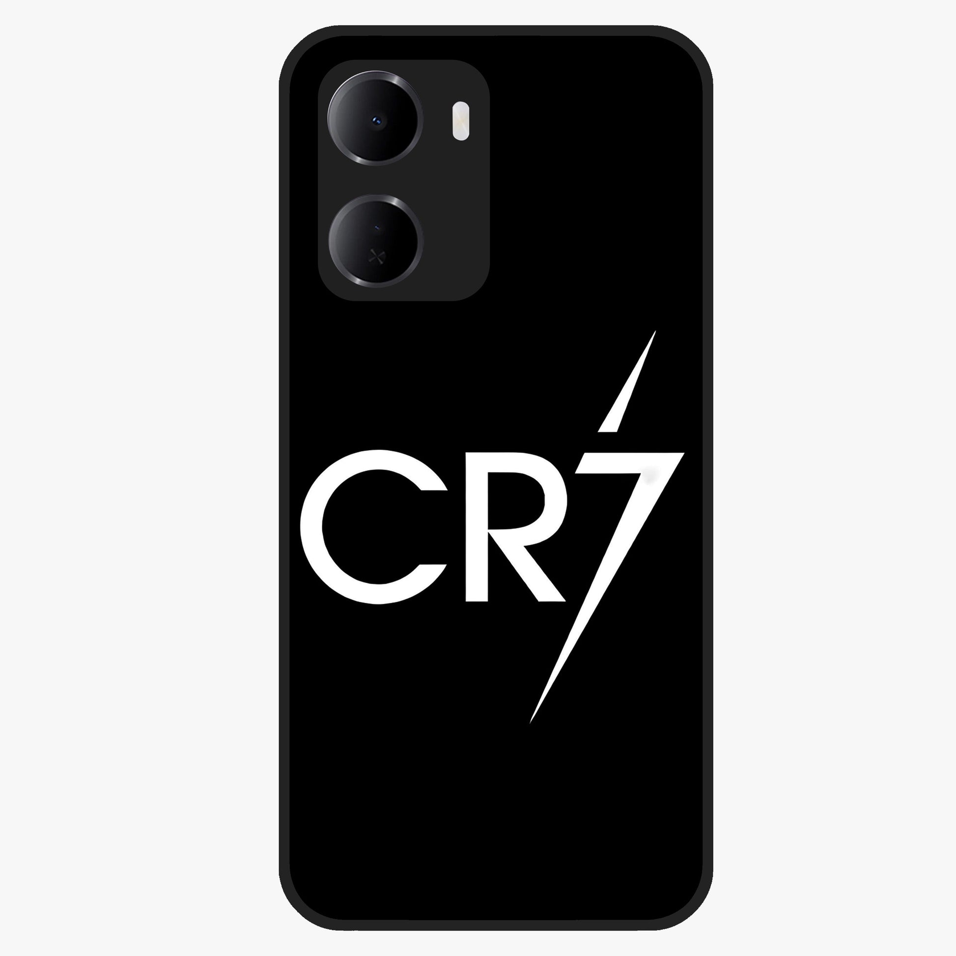 Cr7 Elite Strike Glass Case showing flat back view with dynamic football inspired artwork and glossy glass finish.
