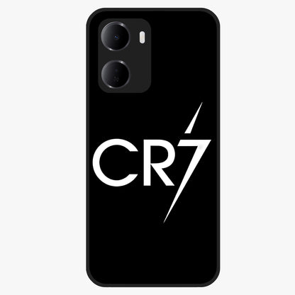Cr7 Elite Strike Glass Case showing flat back view with dynamic football inspired artwork and glossy glass finish.