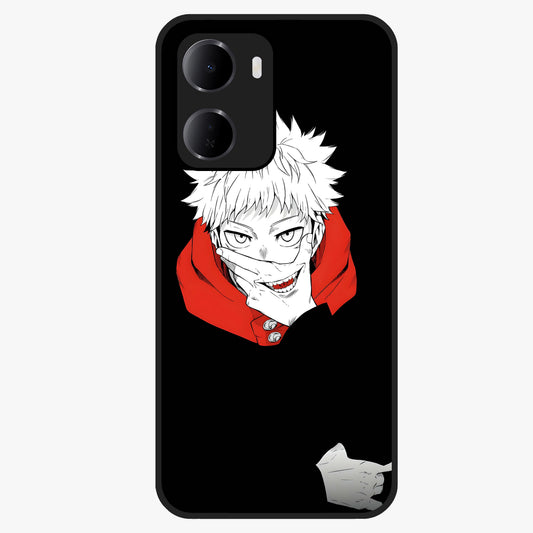 Crimson Chaos Smile Glass Case showing flat back view with bold chaotic smile artwork and glossy glass finish.