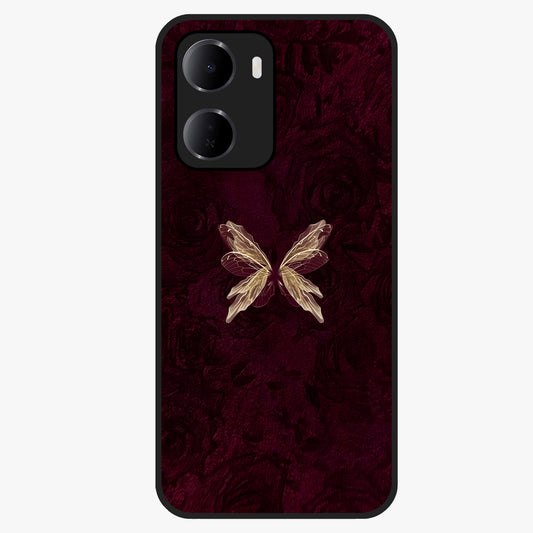 Crimson Fade Butterfly Glass Case showing flat back view with fading butterfly artwork and glossy glass finish.