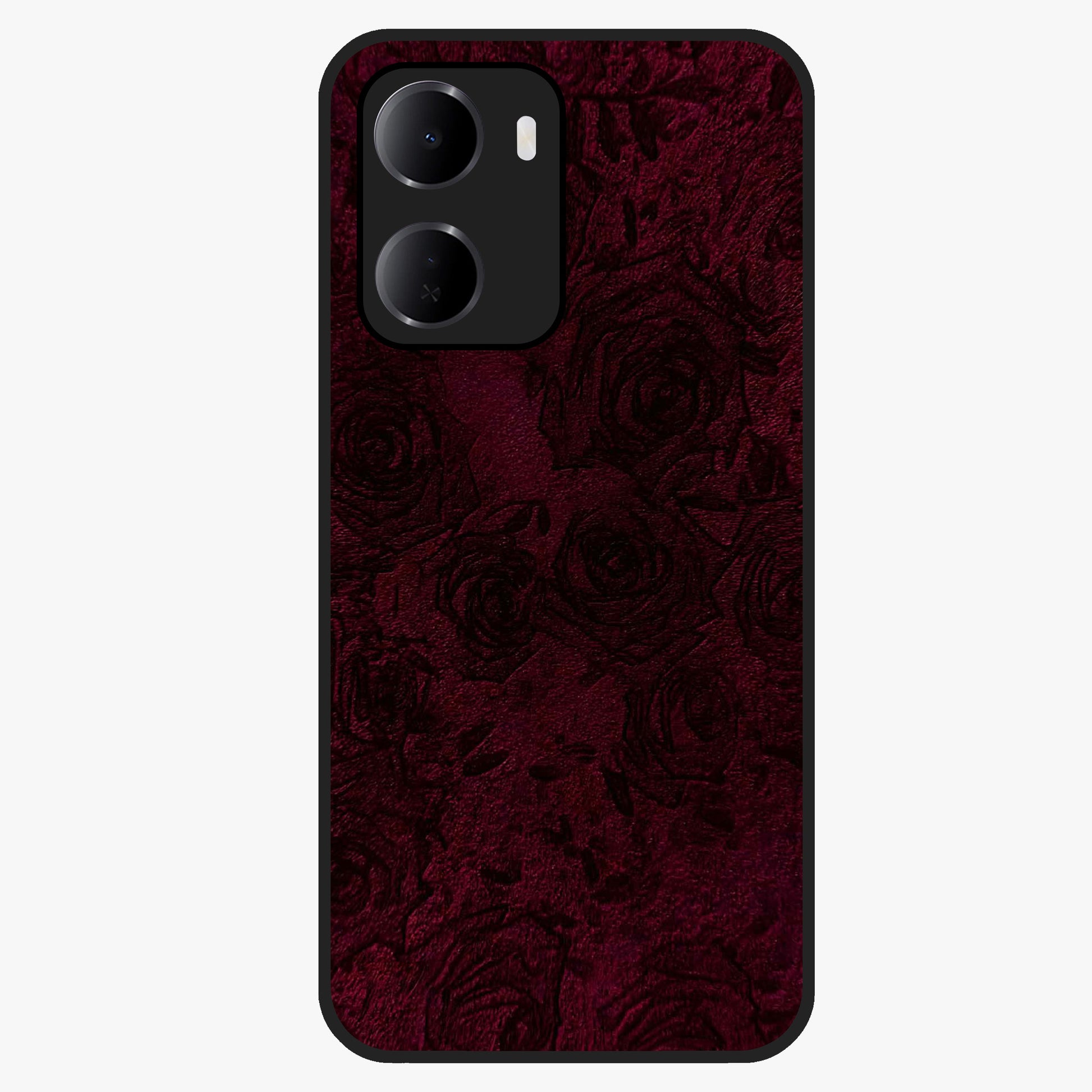 Crimson Fade Flow Glass Case showing flat back view with flowing crimson gradient artwork and glossy glass finish.