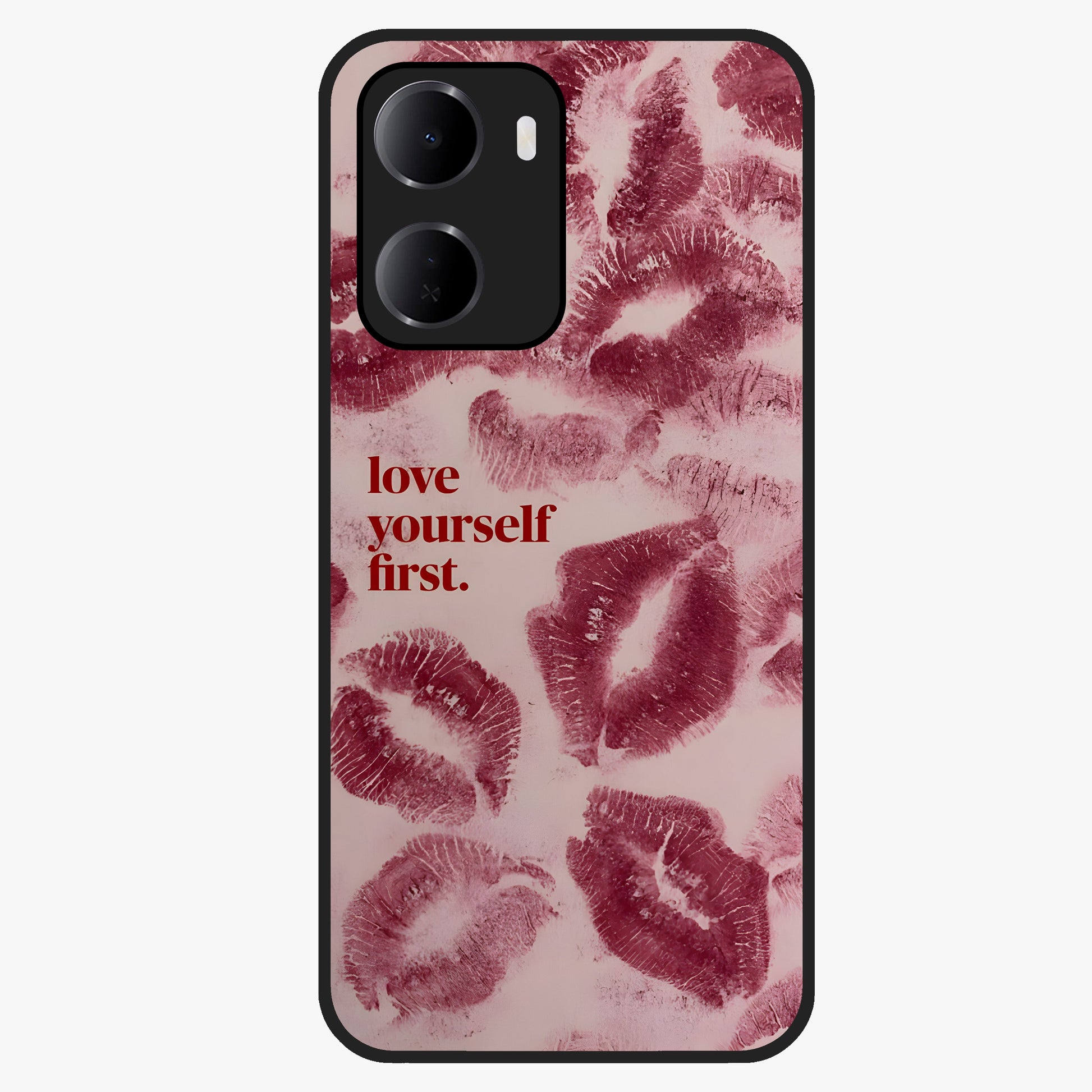 Crimson Kiss Love Glass Case showing flat back view with romantic crimson themed artwork and glossy glass finish.