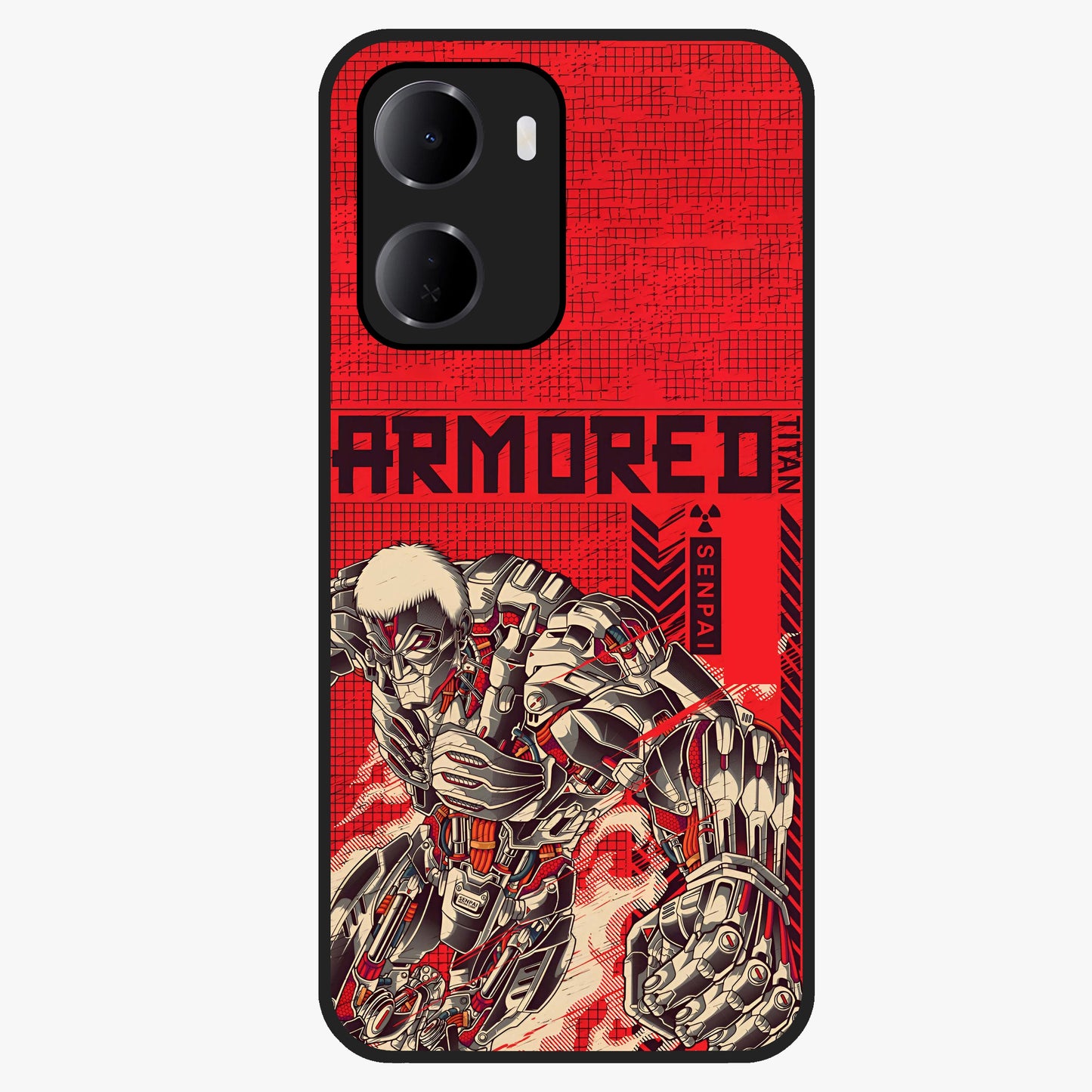 Crimson Mecha Titan Glass Case showing flat back view with powerful mech titan artwork and glossy glass finish.
