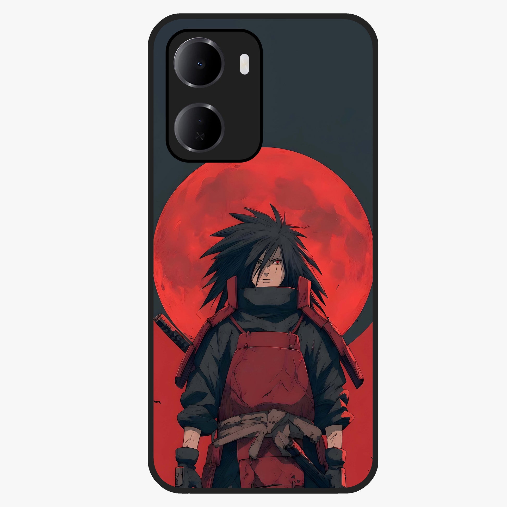 Crimson Moon Warlord Glass Case showing flat back view with mystical moon warrior artwork and glossy glass finish.