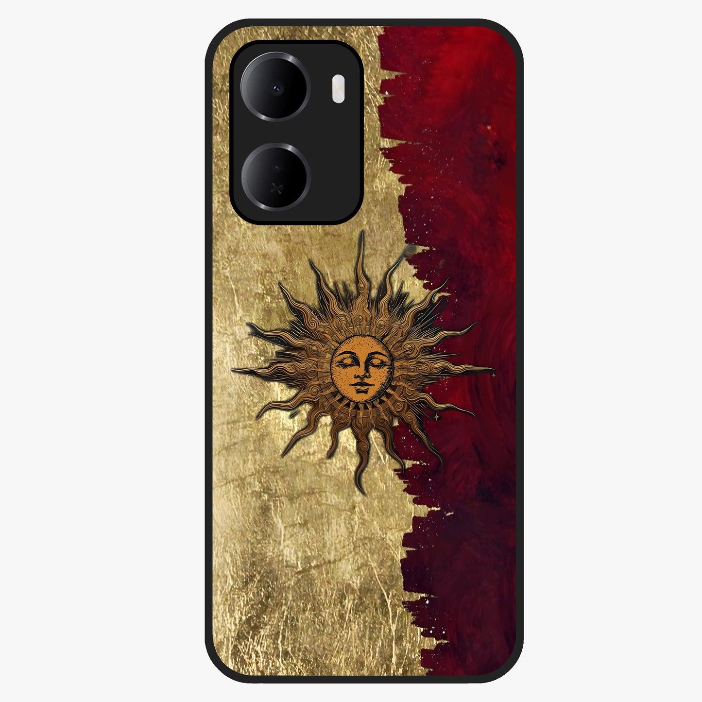 Crimson Sun Majesty Glass Case showing flat back view with radiant sun inspired artwork and glossy glass finish.