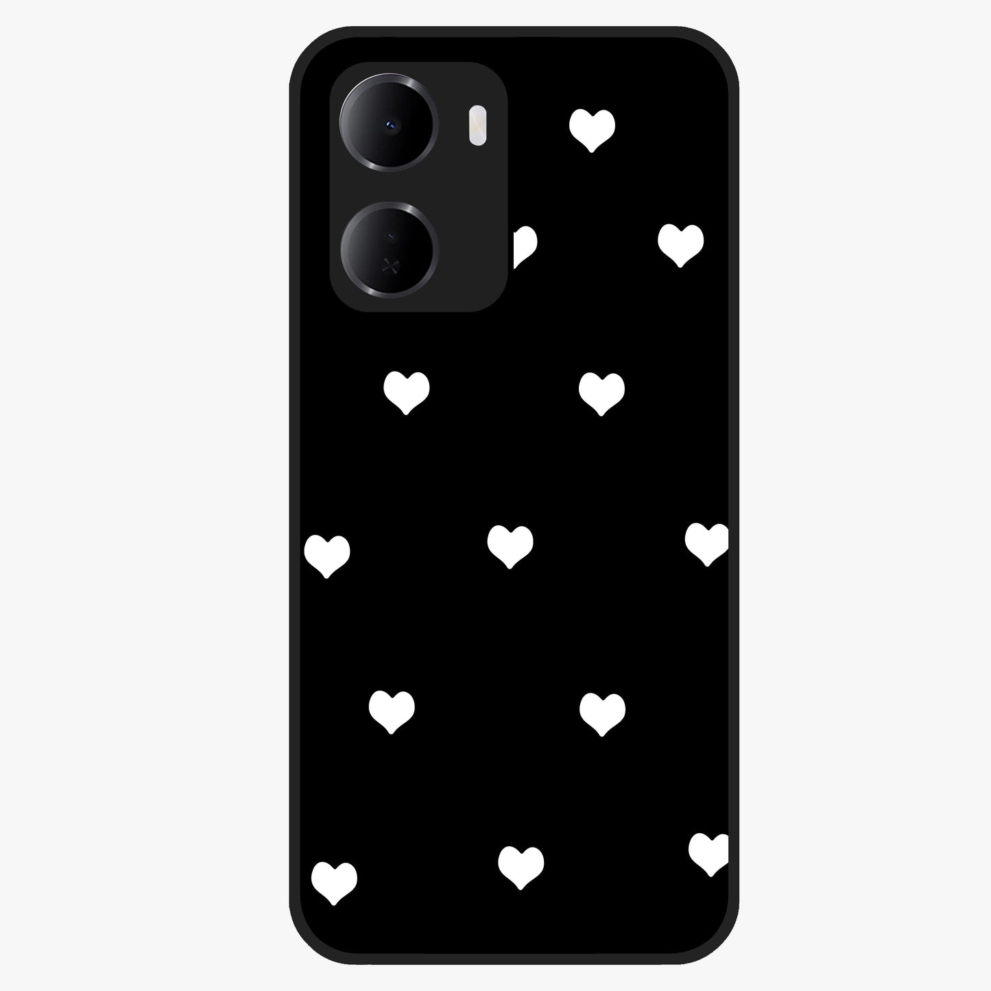 Cute And Simple White Hearts Glass Case showing flat back view with minimal white heart pattern and glossy glass finish.