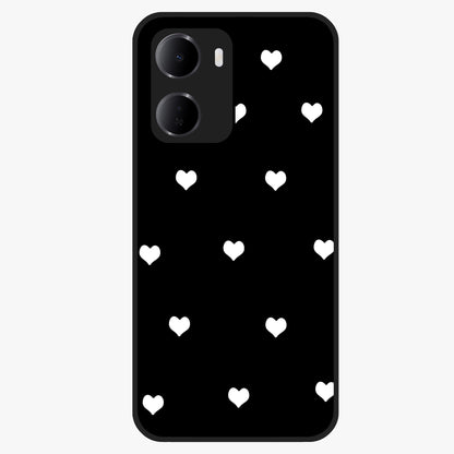 Cute And Simple White Hearts Glass Case showing flat back view with minimal white heart pattern and glossy glass finish.