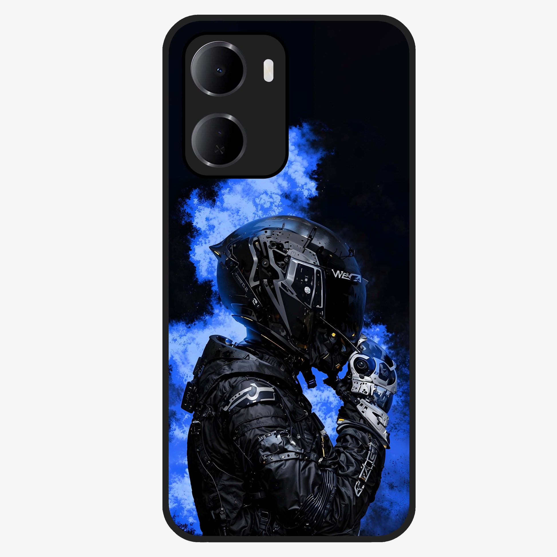 Cyber Sentinel Protocol Glass Case showing flat back view with futuristic cyber themed artwork and glossy glass finish.