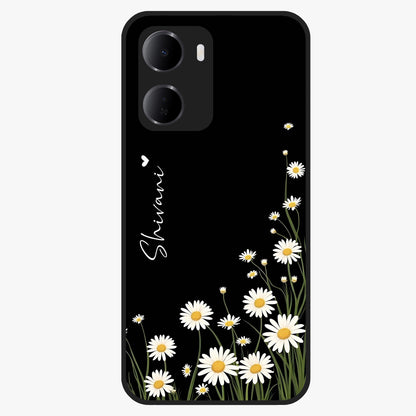 Daisy Cascade Custom Name Glass Case showing flat back view with cascading daisy flowers and personalized name design.