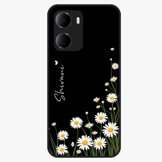 Daisy Cascade Custom Name Glass Case showing flat back view with cascading daisy flowers and personalized name design.