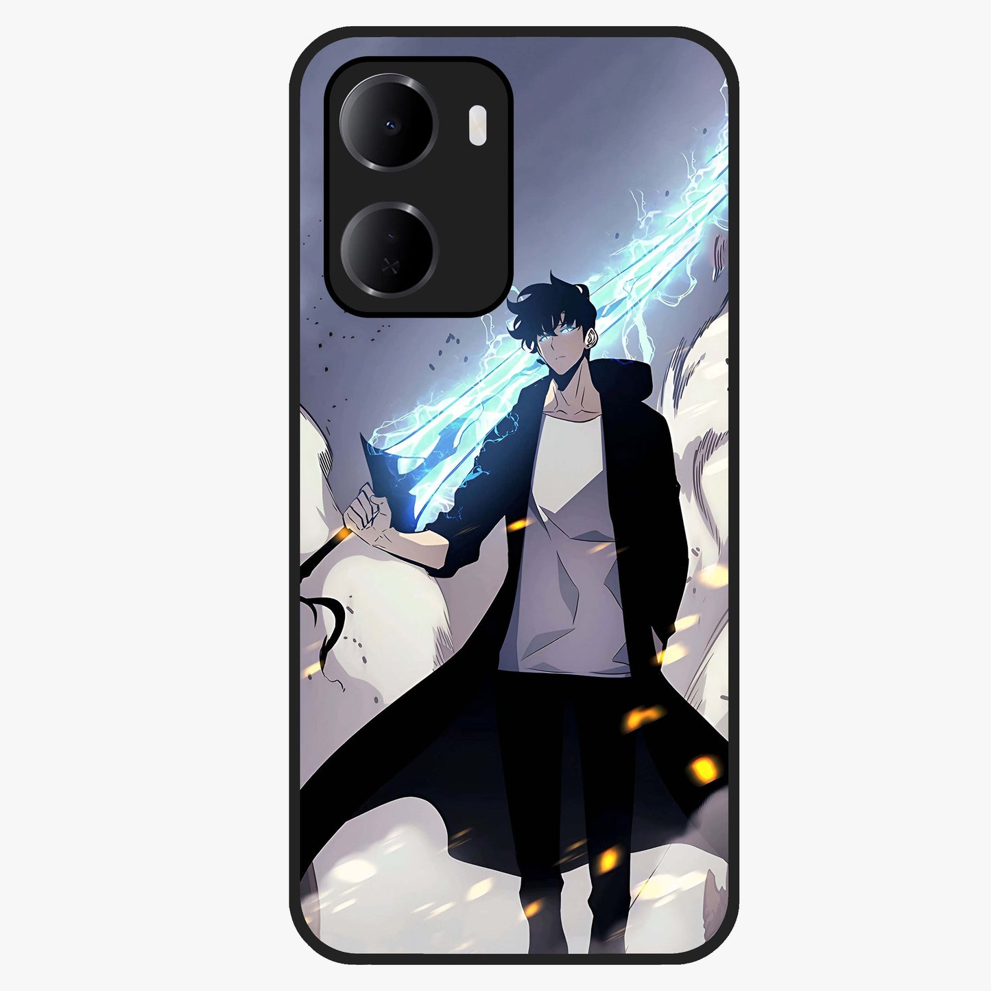 Dark Lightning Anime Warrior Glass Case showing flat back view with intense anime warrior artwork and glossy glass finish.