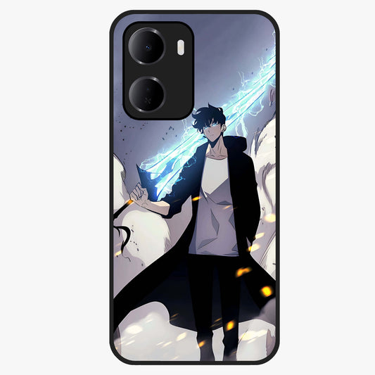 Dark Lightning Anime Warrior Glass Case showing flat back view with intense anime warrior artwork and glossy glass finish.