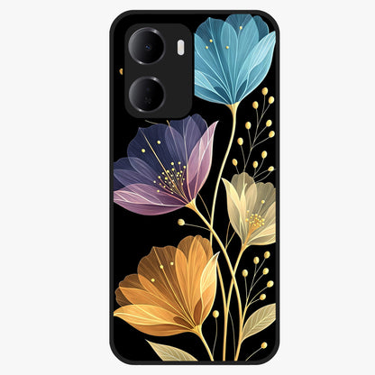 Delicate Multicolor Flowers Glass Case showing flat back view with vibrant floral artwork and glossy glass finish.