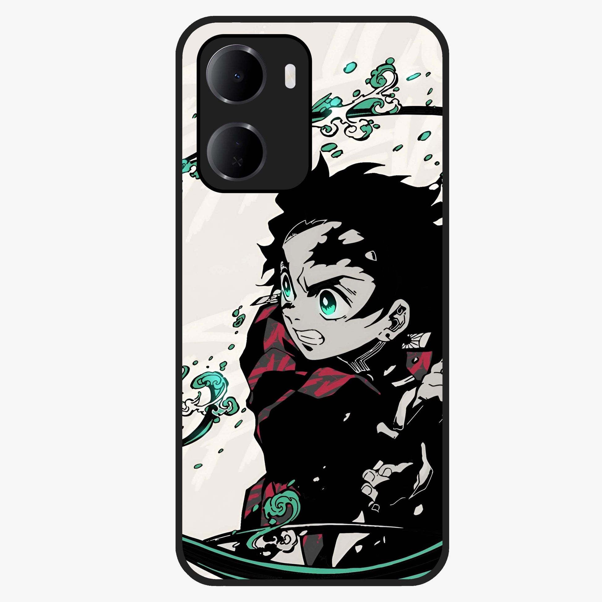 Demon Slayer Glass Case showing flat back view with bold anime inspired artwork and glossy glass finish.