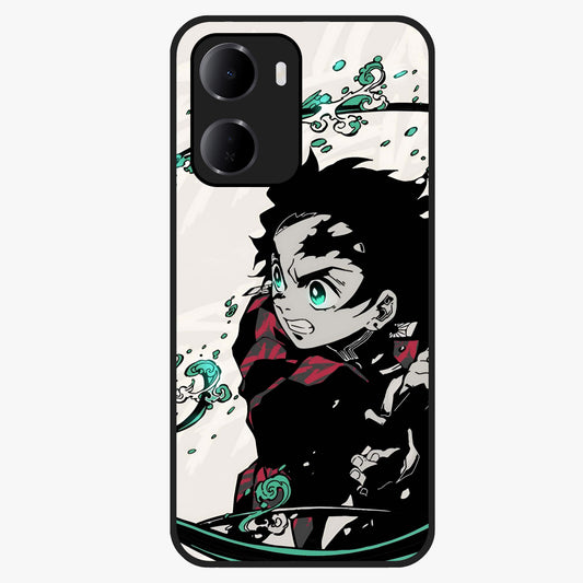 Demon Slayer Glass Case showing flat back view with bold anime inspired artwork and glossy glass finish.
