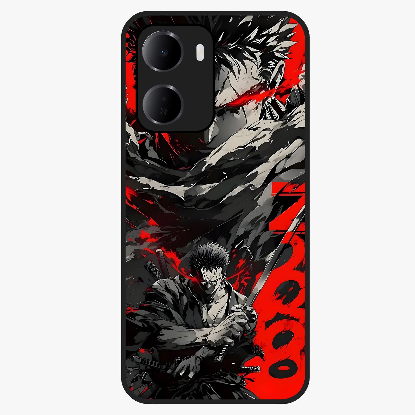 Demon Sword Resolve Glass Case showing flat back view with fierce sword warrior artwork and glossy glass finish.