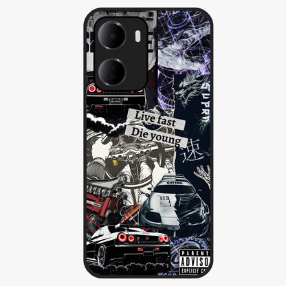 Die Young Glass Case showing flat back view with bold artistic typography design and glossy glass finish.