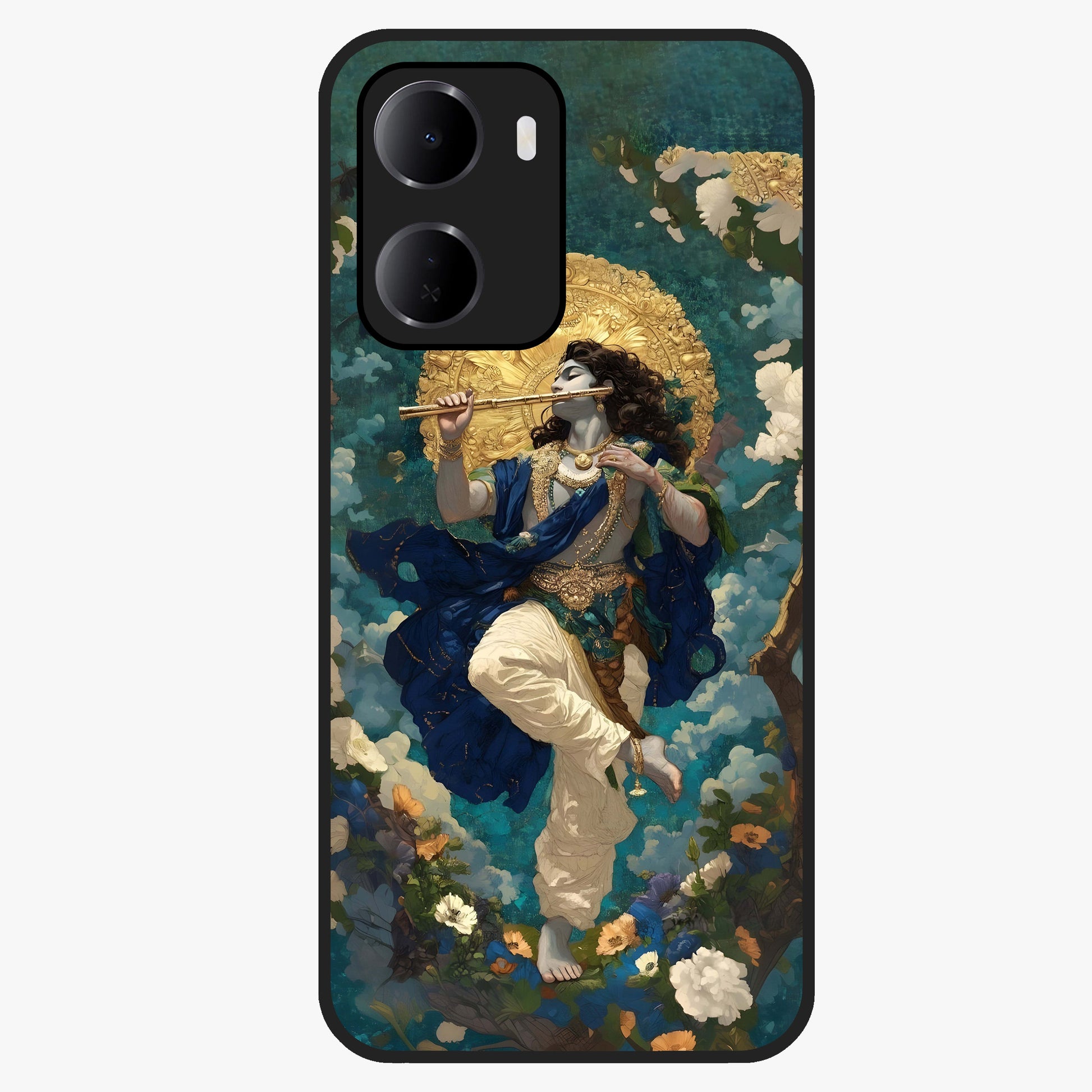 Divine Krishna Art Glass Case showing flat back view with Lord Krishna artwork and glossy glass finish.