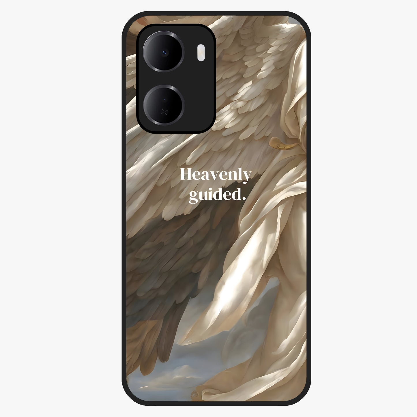 Divine Winged Grace Glass Case showing flat back view with elegant wing inspired artwork and glossy glass finish.