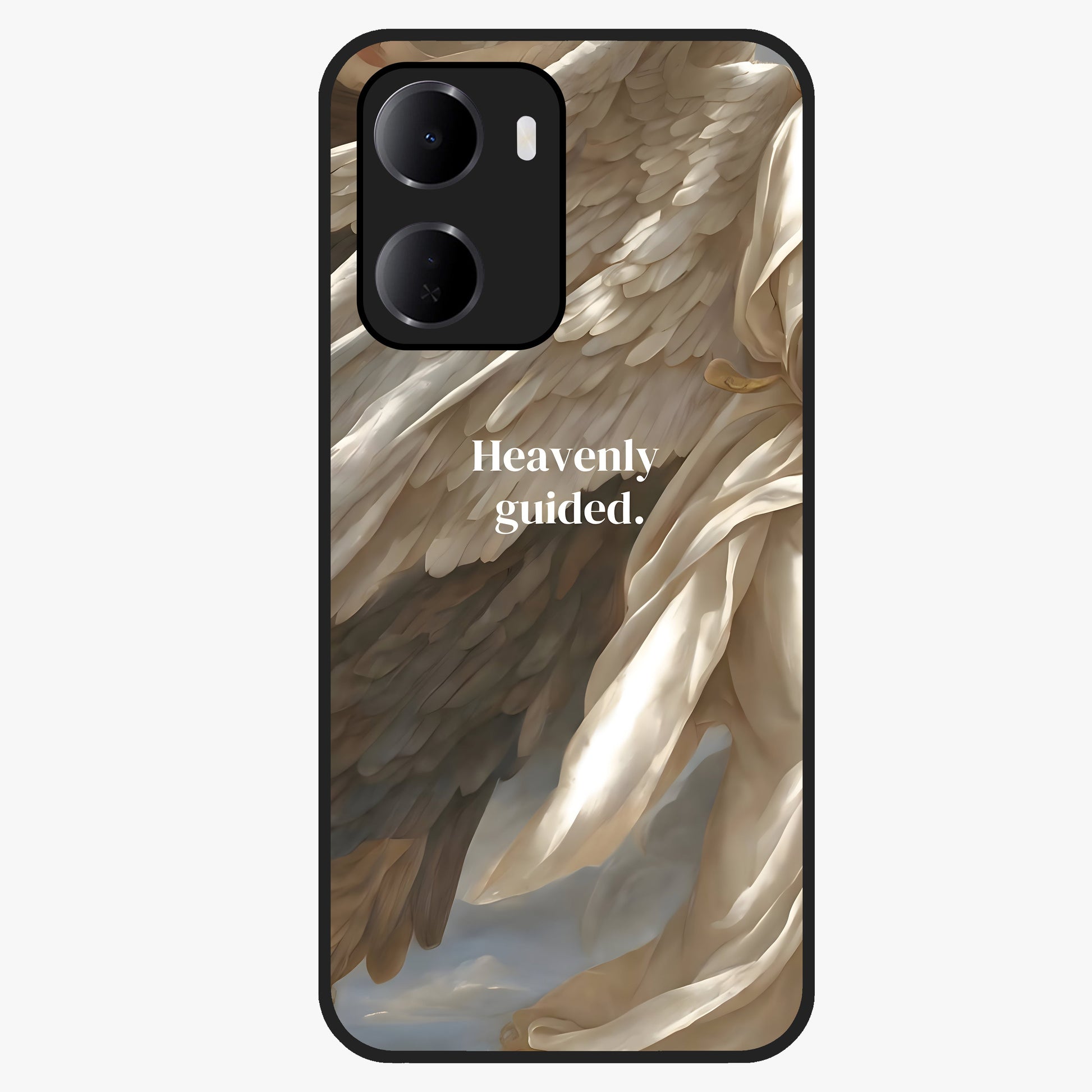 Divine Winged Grace Glass Case showing flat back view with elegant wing inspired artwork and glossy glass finish.