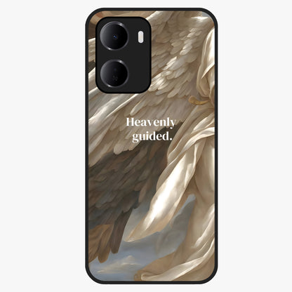 Divine Winged Grace Glass Case showing flat back view with elegant wing inspired artwork and glossy glass finish.
