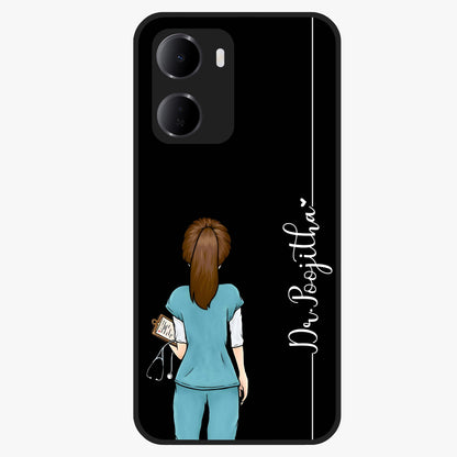 Doctor Pattern Custom Name Glass Case showing flat back view with medical themed pattern and personalized name design.