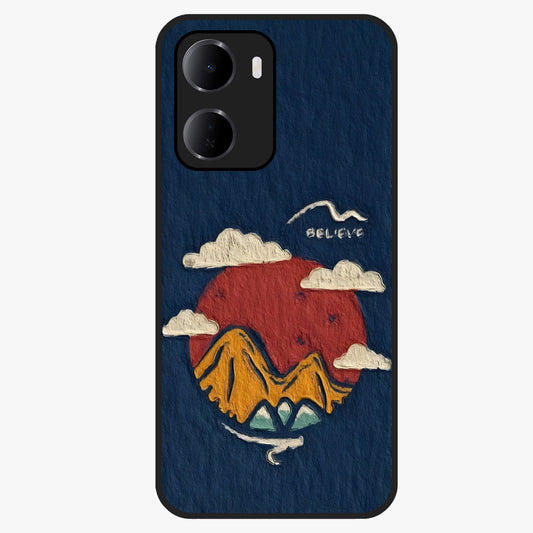Dream Beyond Mountains Glass Case showing flat back view with scenic mountain landscape artwork and glossy glass finish.