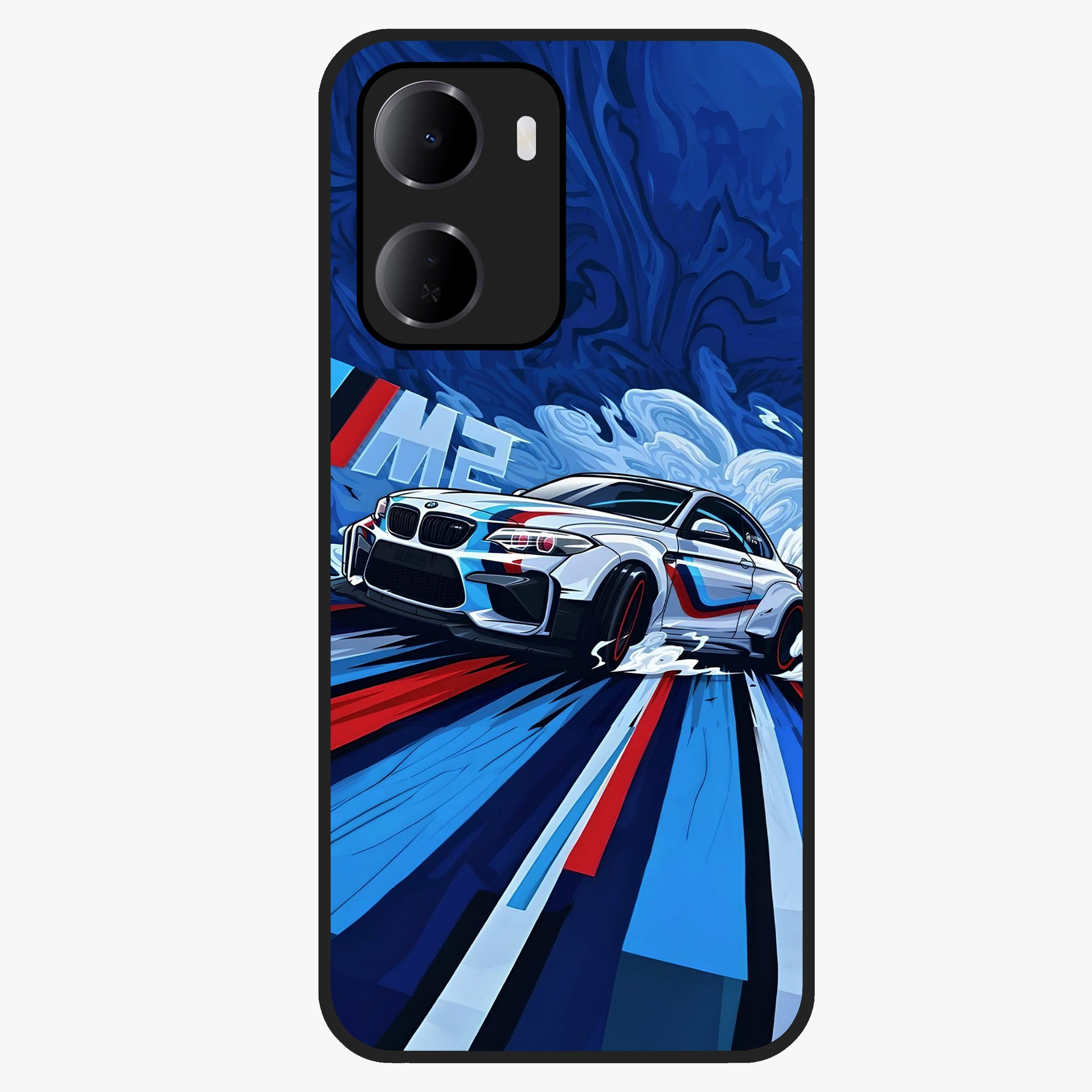 Drift Power Rush Glass Case showing flat back view with dynamic racing inspired artwork and glossy glass finish.