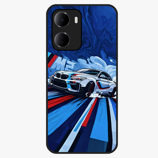 Drift Power Rush Glass Case showing flat back view with dynamic racing inspired artwork and glossy glass finish.