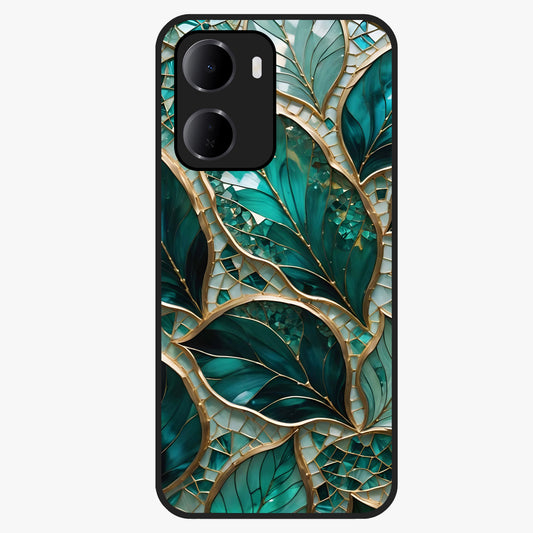 Emerald Leaf Glass Glass Case showing flat back view with emerald green leaf artwork and glossy glass finish.