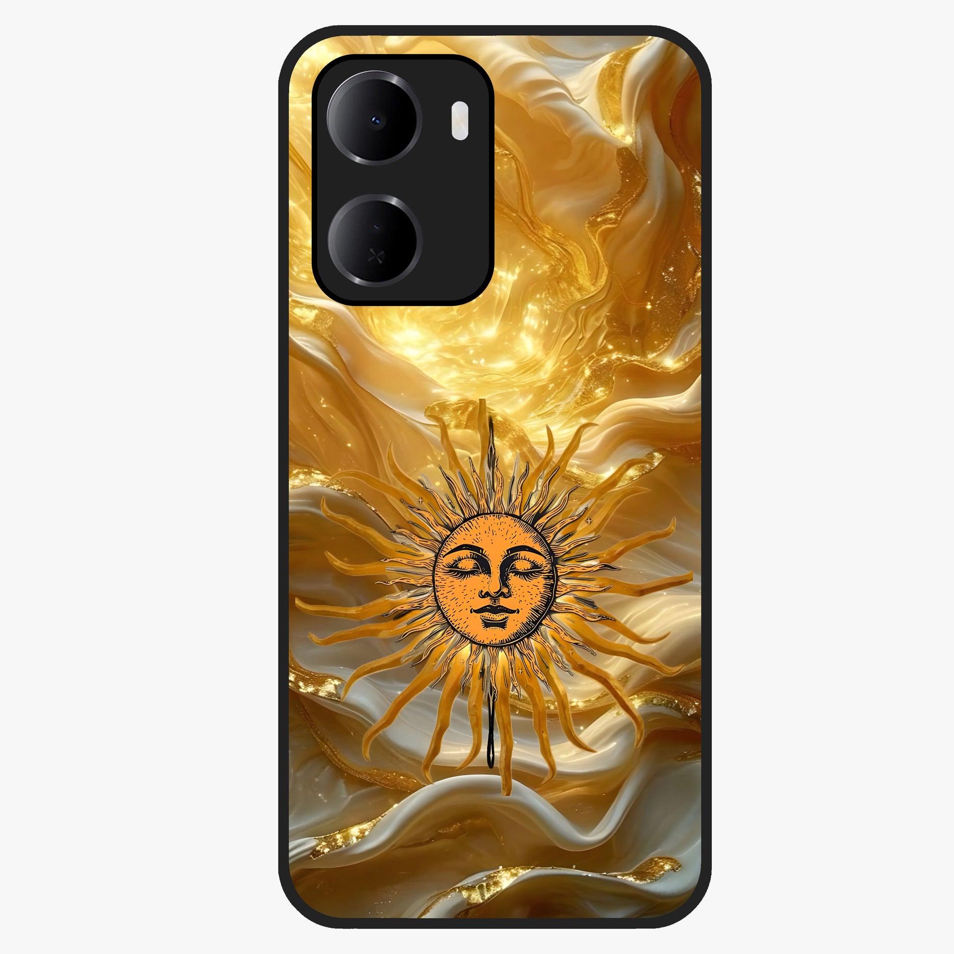Eternal Golden Glow Glass Case showing flat back view with radiant golden themed artwork and glossy glass finish.