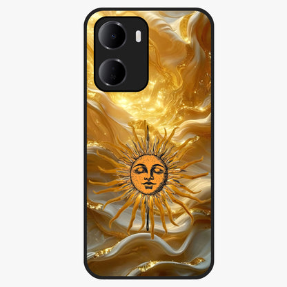 Eternal Golden Glow Glass Case showing flat back view with radiant golden themed artwork and glossy glass finish.