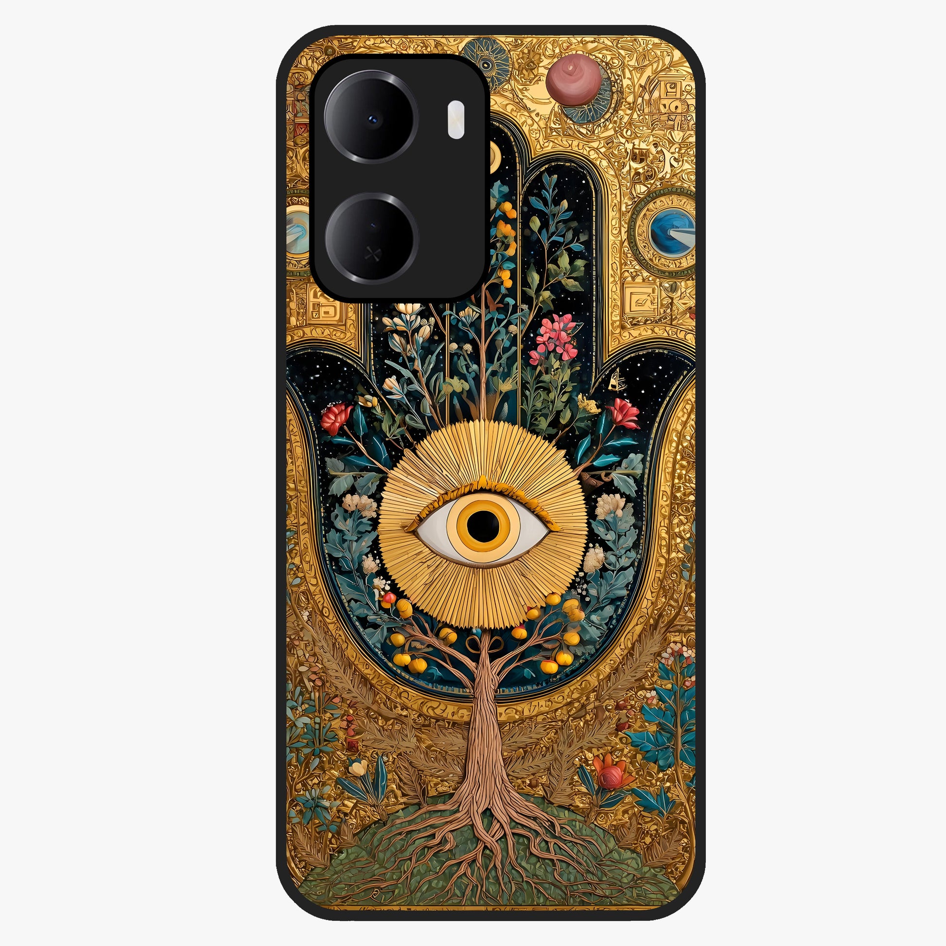 Ethereal Evil Eye Glass Case showing flat back view with mystical evil eye artwork and glossy glass finish.