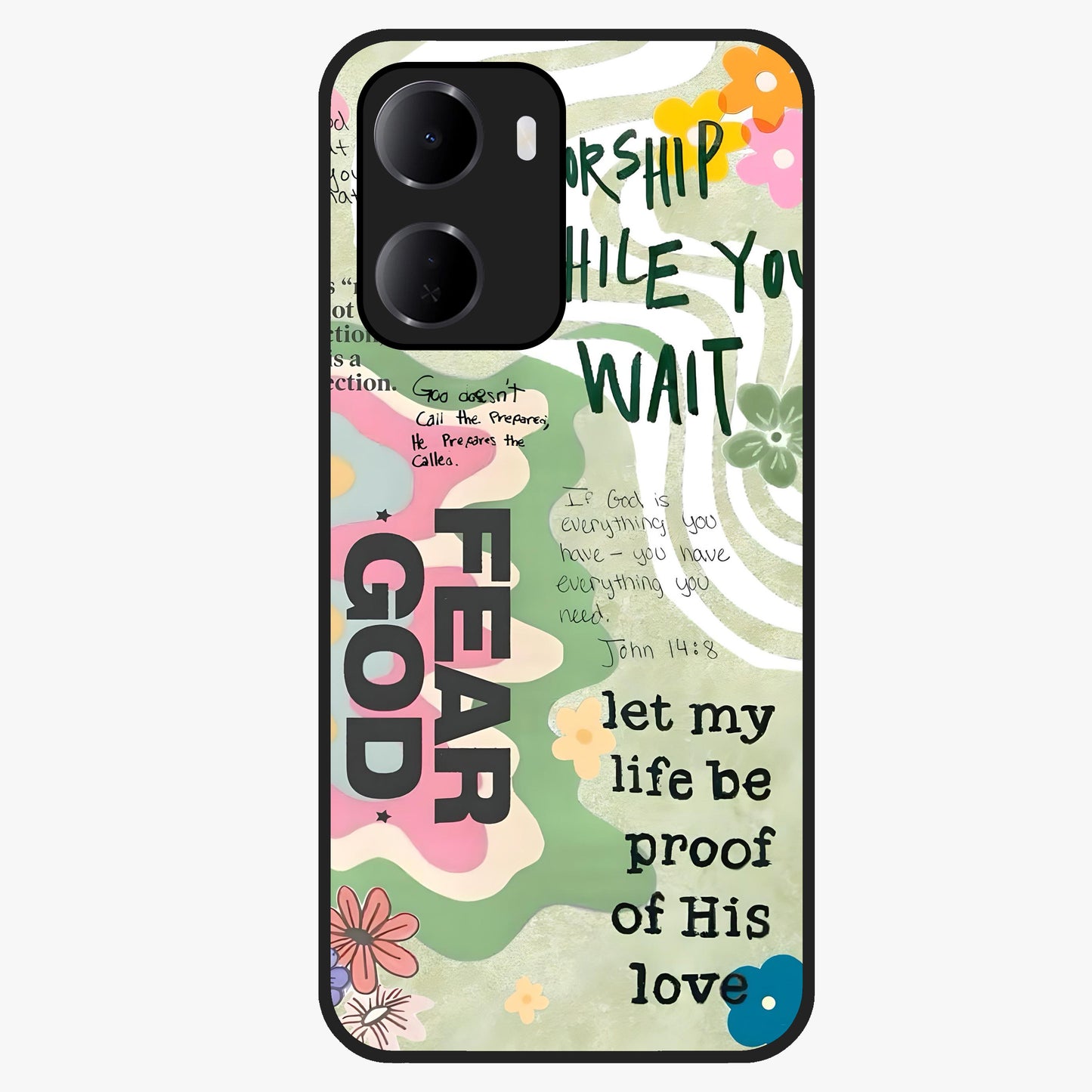 Faith Over Fear Glass Case showing flat back view with motivational typography artwork and glossy glass finish.