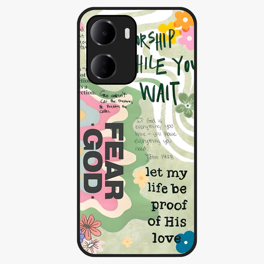 Faith Over Fear Glass Case showing flat back view with motivational typography artwork and glossy glass finish.