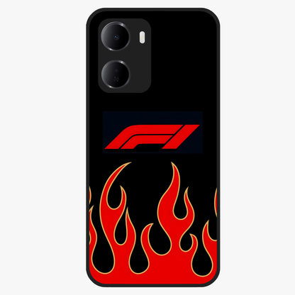 Fire F11 Glass Case showing flat back view with fiery themed artwork and glossy glass finish.