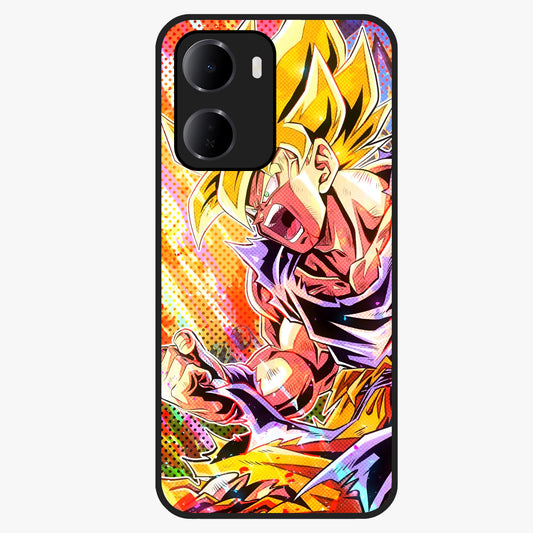 Firing Goku Glass Case showing flat back view with powerful anime inspired artwork and glossy glass finish.