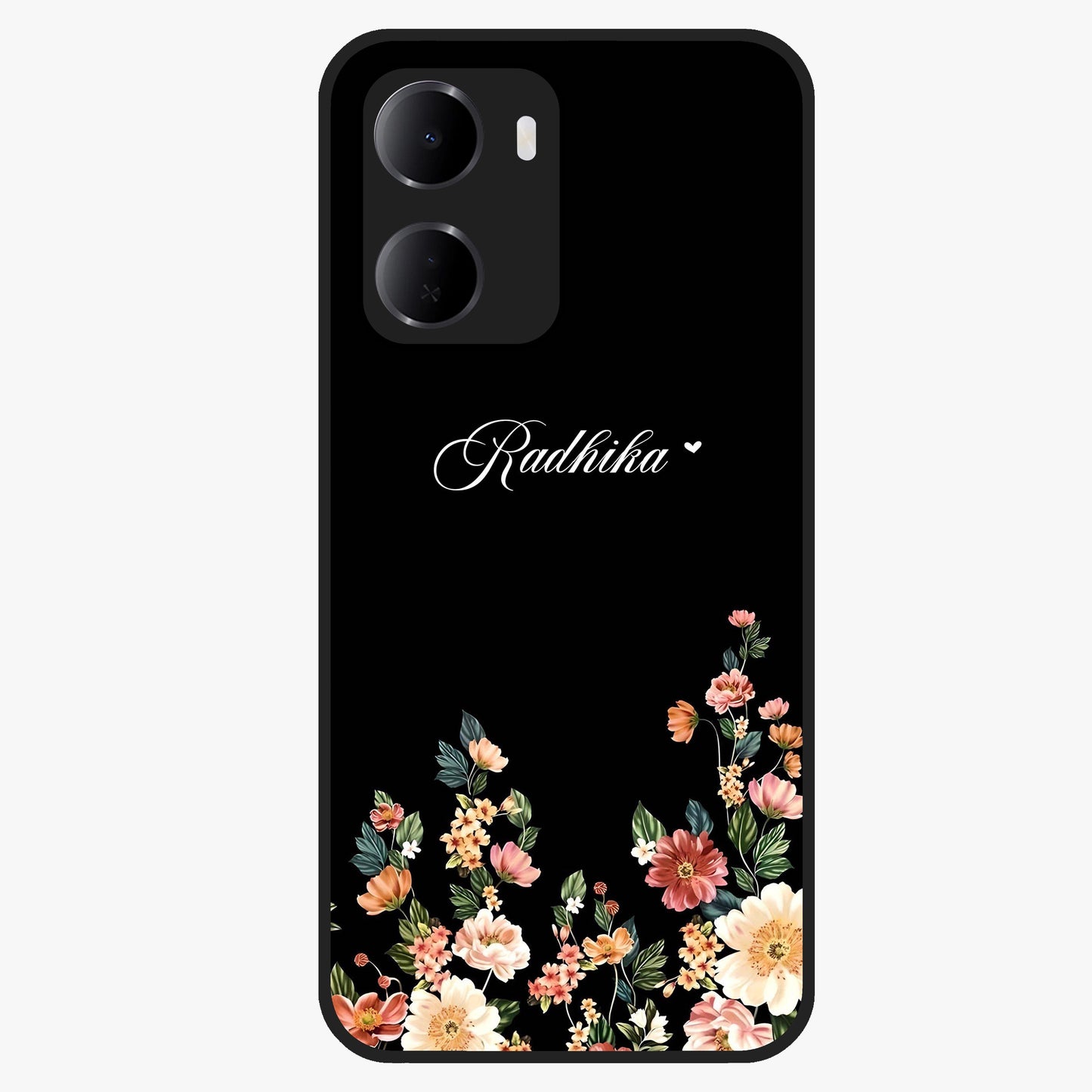 Floral Design With a Custom Personalized Name Glass Case showing flat back view with floral artwork and personalized name design.