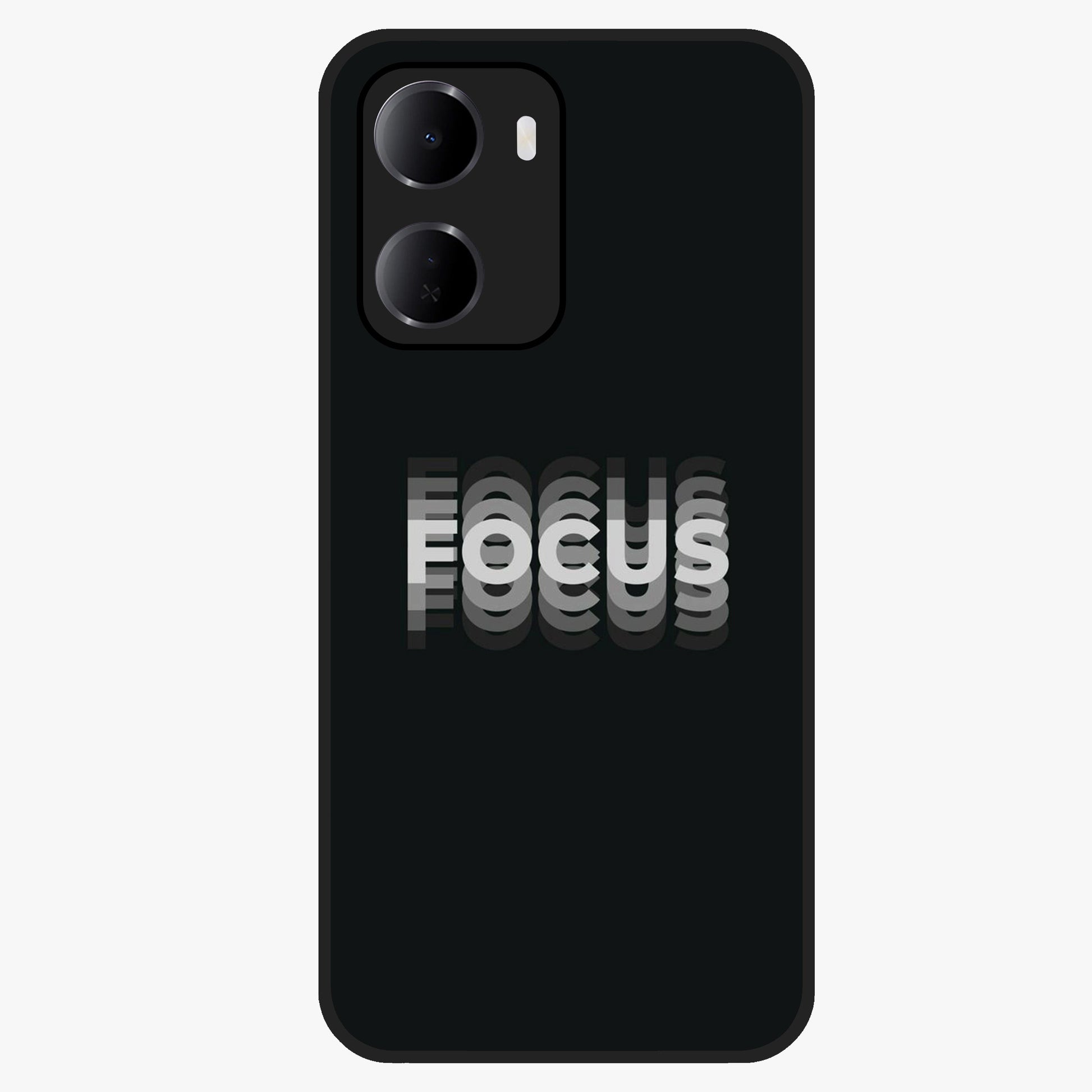 Focus Mode On Glass Case showing flat back view with bold motivational typography design and glossy glass finish.