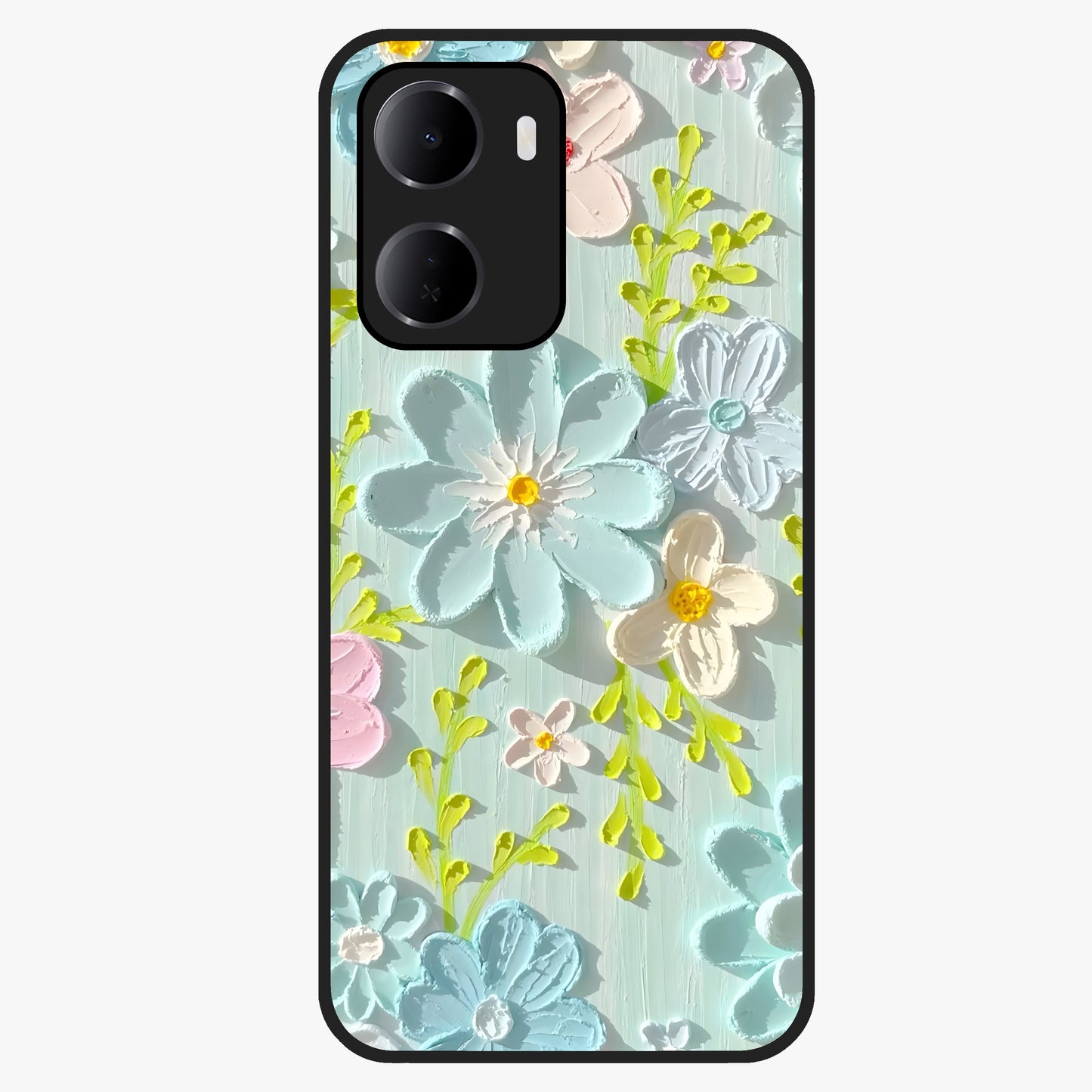 Frosted Petal Garden Glass Case showing flat back view with soft frosted floral artwork and glossy glass finish.
