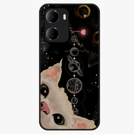 Galactic Cat Glass Case showing flat back view with cosmic cat artwork and glossy glass finish.