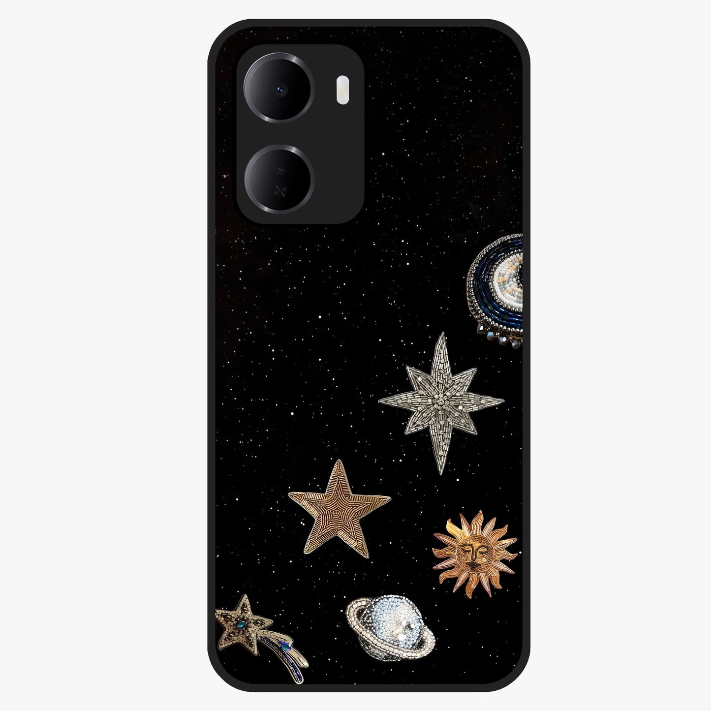 Galactic Charm Glow Glass Case showing flat back view with glowing celestial charm artwork and glossy glass finish.