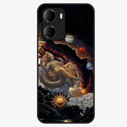 Galactic Divine God Glass Case showing flat back view with divine cosmic themed artwork and glossy glass finish.
