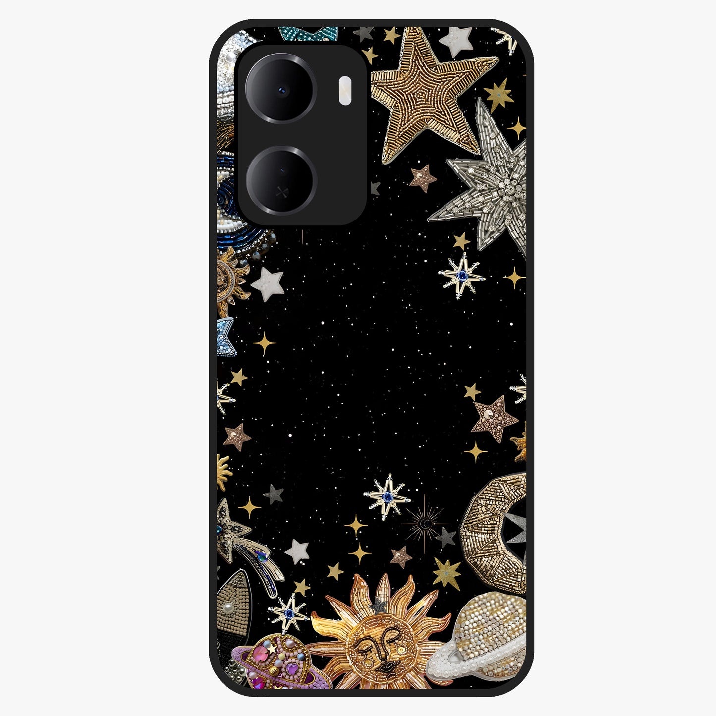 Galactic Jewel Stars Glass Case showing flat back view with sparkling star jewel artwork and glossy glass finish.