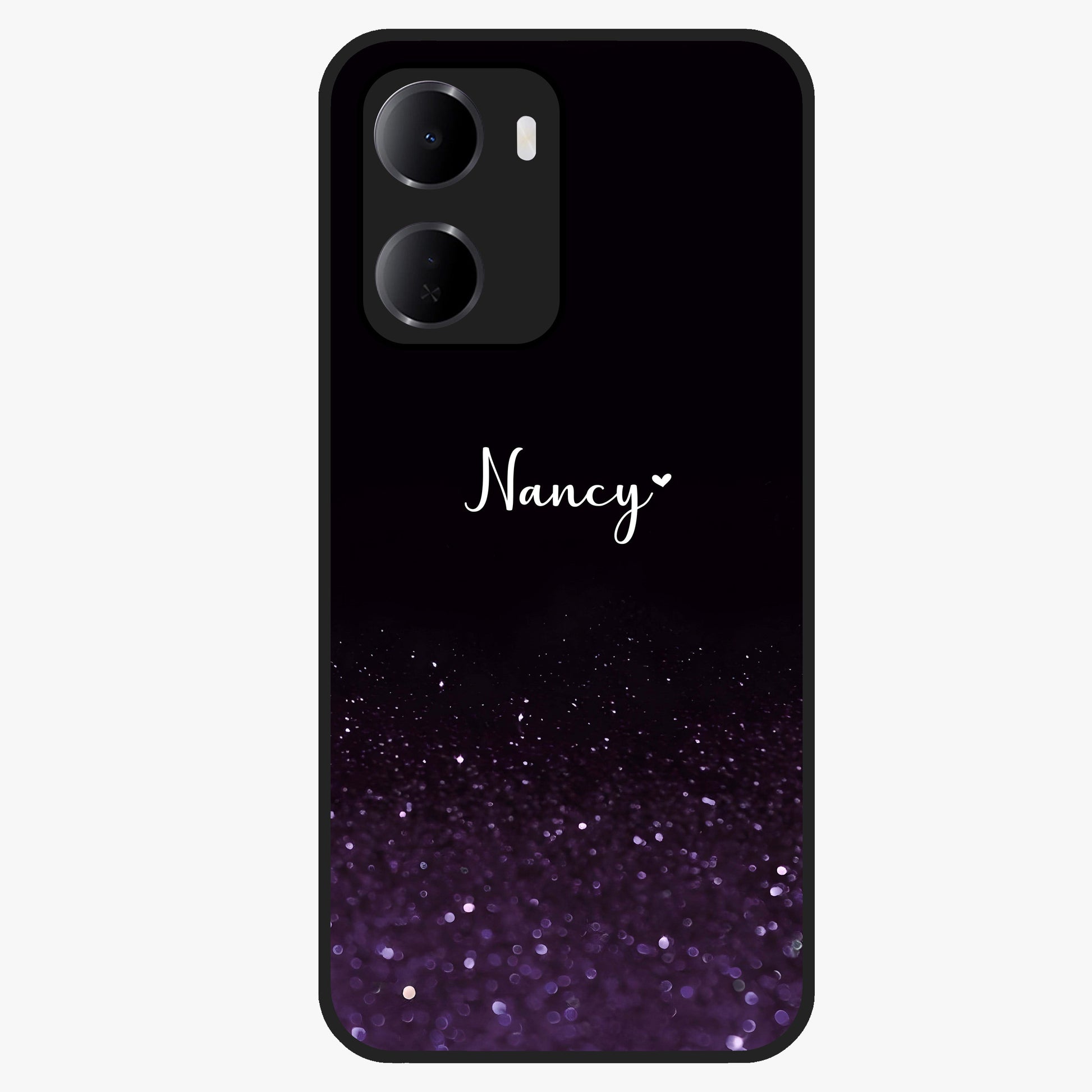 Glittery Purple Bokeh Custom Name Glass Case showing flat back view with purple bokeh sparkle artwork and personalized name design.