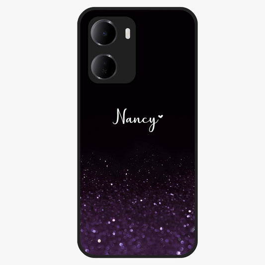 Glittery Purple Bokeh Custom Name Glass Case showing flat back view with purple bokeh sparkle artwork and personalized name design.