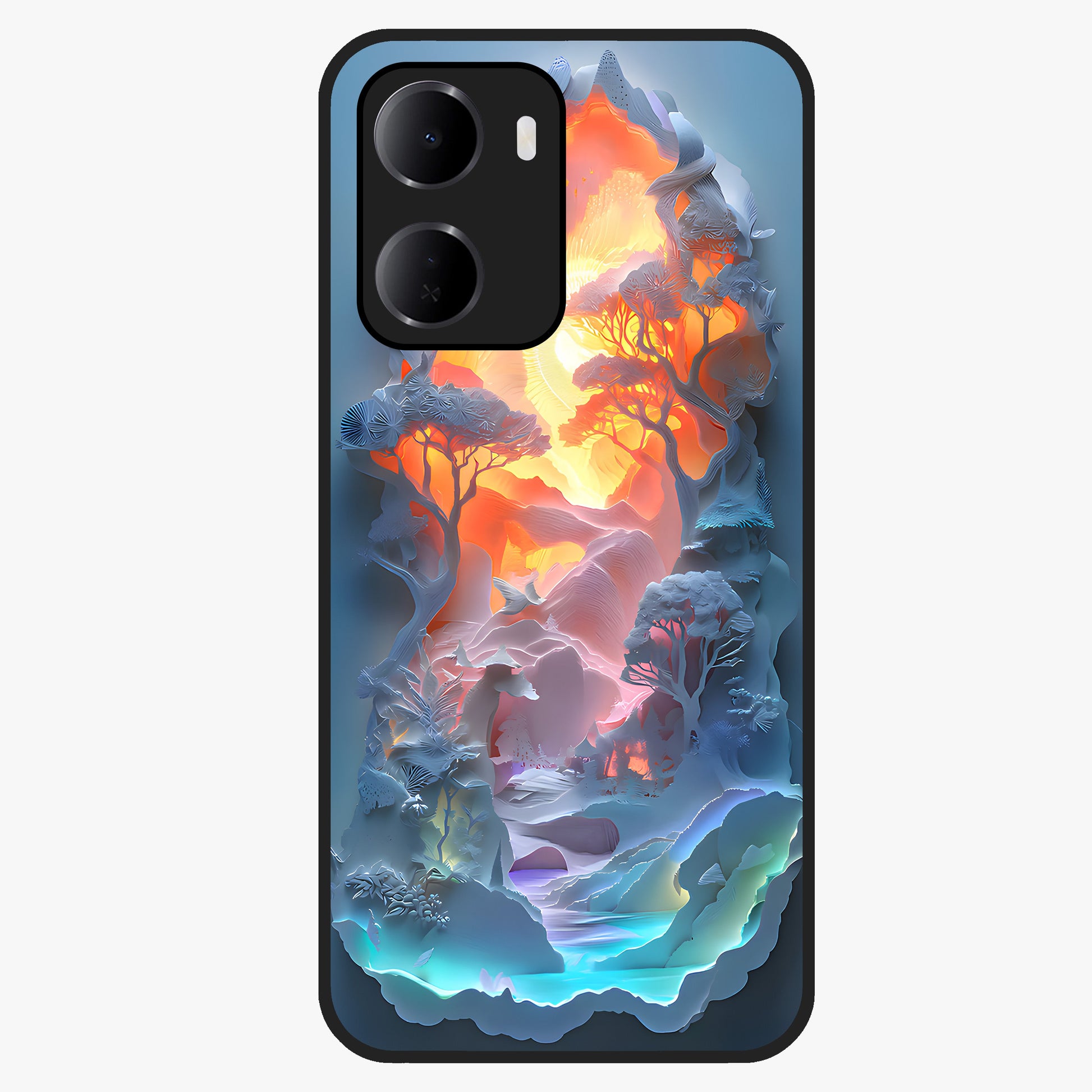 Glow Forest Portal Glass Case showing flat back view with glowing forest portal artwork and glossy glass finish.