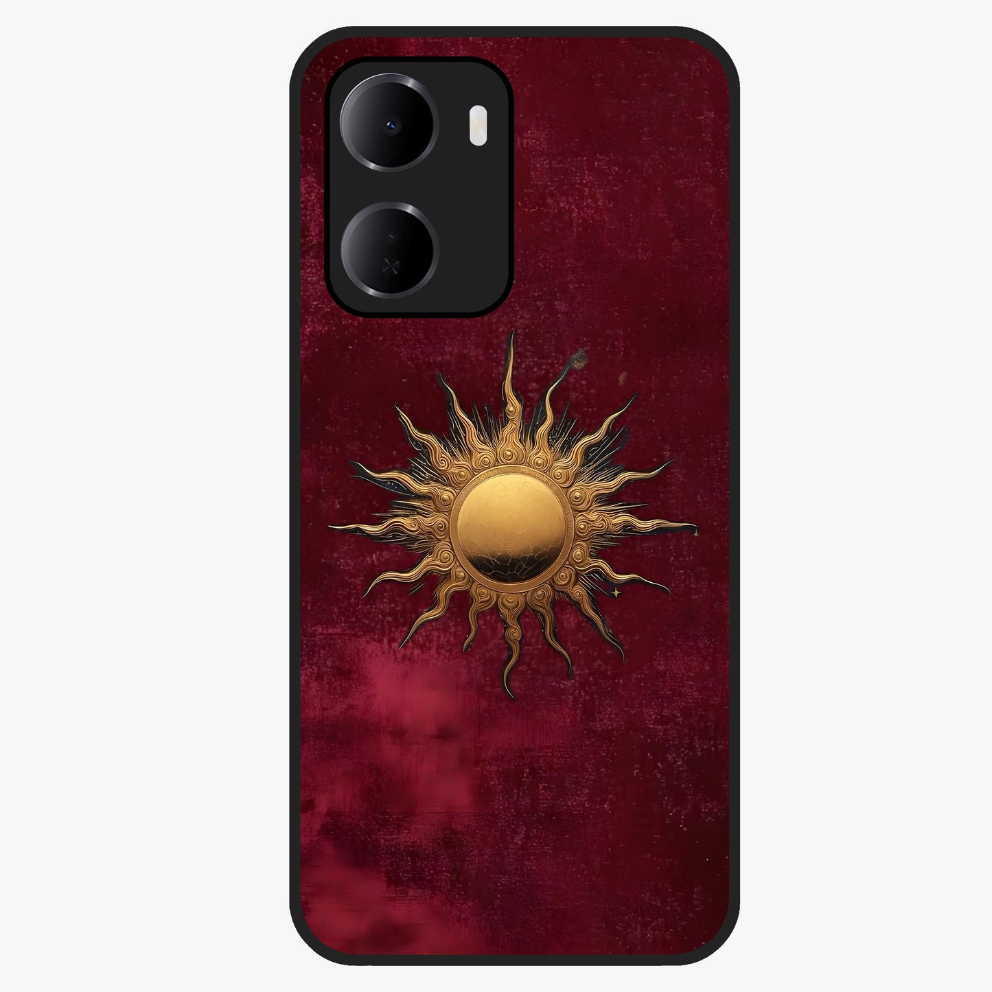 Gold Sun Blush Glass Case showing flat back view with golden sun inspired artwork and glossy glass finish.