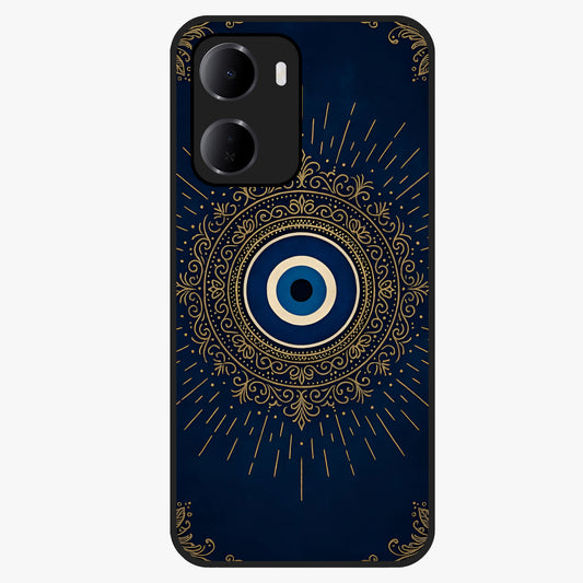 Golden Evil Eye Mandala Glass Case showing flat back view with intricate evil eye mandala artwork and glossy glass finish.