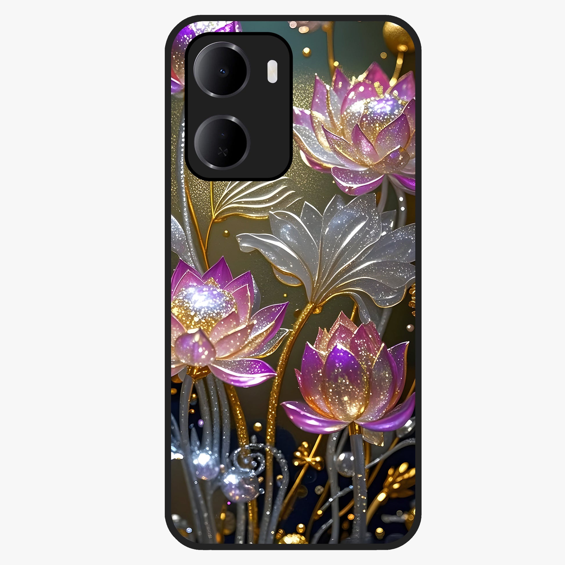 Golden Lotus Glow Glass Case showing flat back view with glowing lotus flower artwork and glossy glass finish.